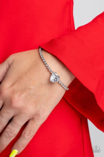 PERFECT MATCH / SET: Flirty Fiance - White Light Purple Heart Gem Silver Choker Necklace AND Bedazzled Beauty - White Light Purple Heart Gem Silver Clasp Bracelet
