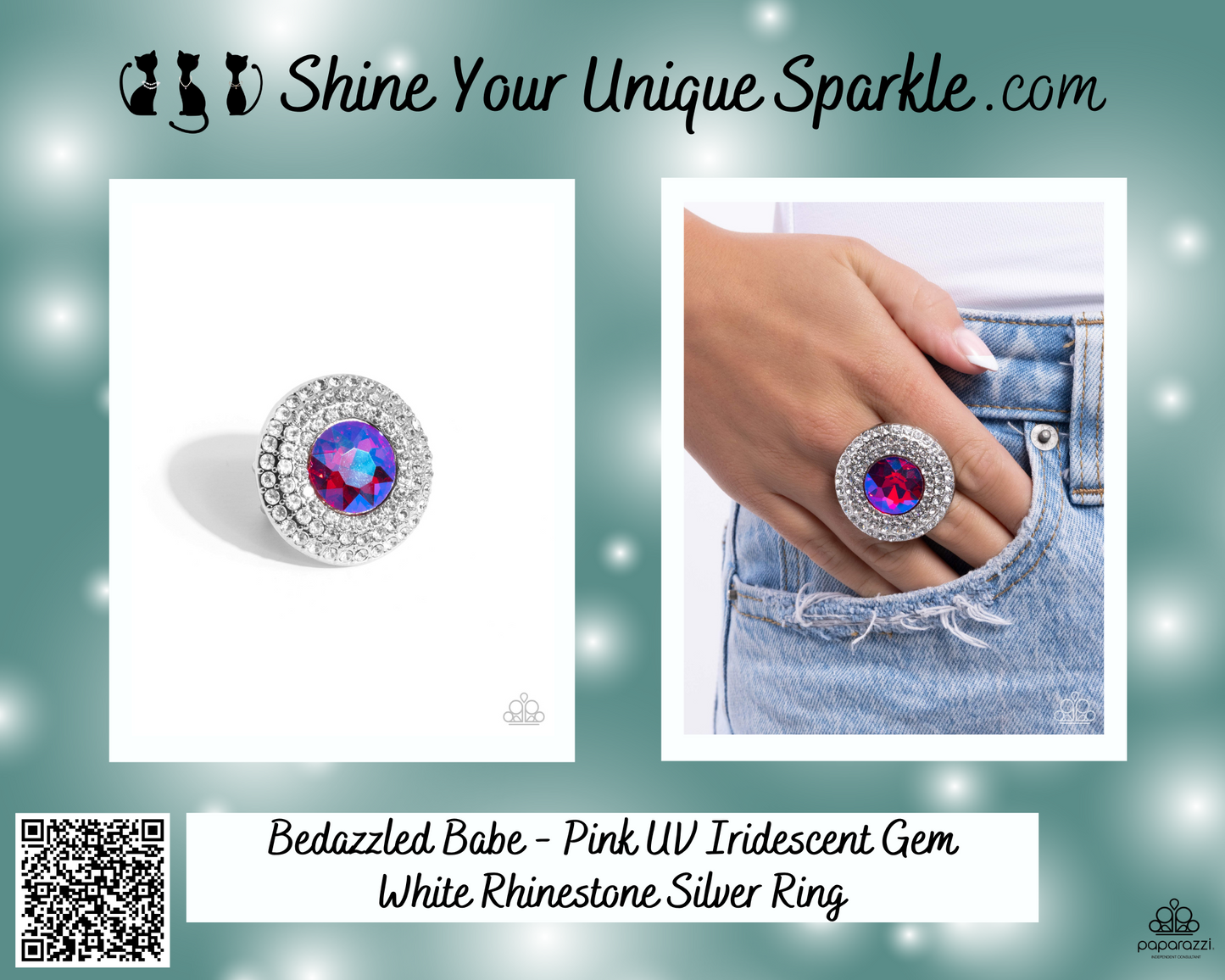 Bedazzled Babe - Pink UV Iridescent Gem White Rhinestone Silver Ring