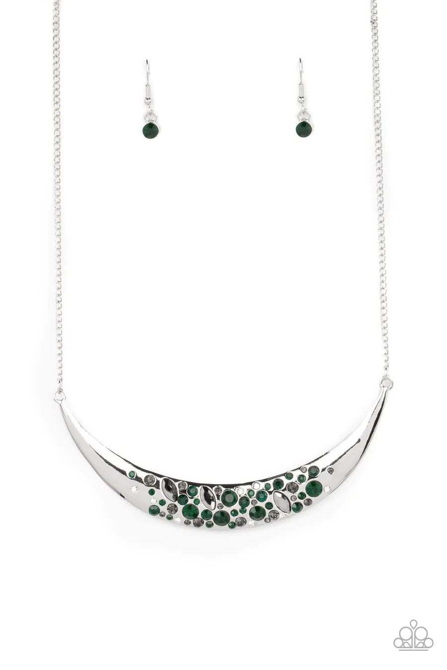 Bejeweled Baroness - Green Hematite Rhinestone Silver Crescent Short Necklace