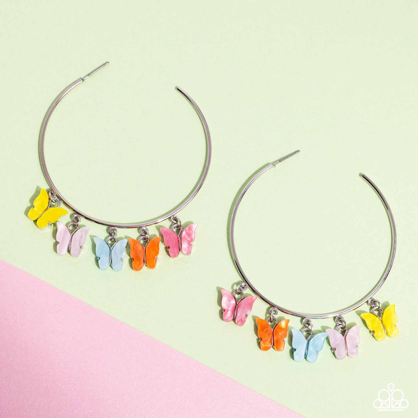 Bemusing Butterflies - Multi Color Butterfly Silver Hoop Post Earrings - Life of the Party