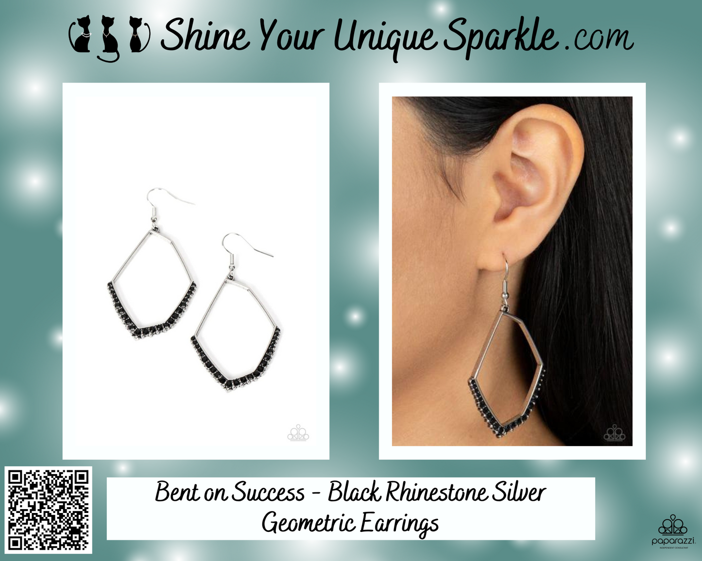 Bent on Success - Black Rhinestone Silver Geometric Earrings