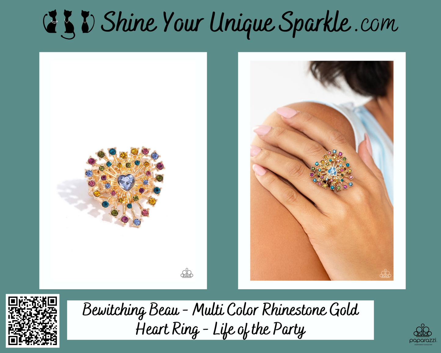 Bewitching Beau - Multi Color Rhinestone Gold Heart Ring - Life of the Party