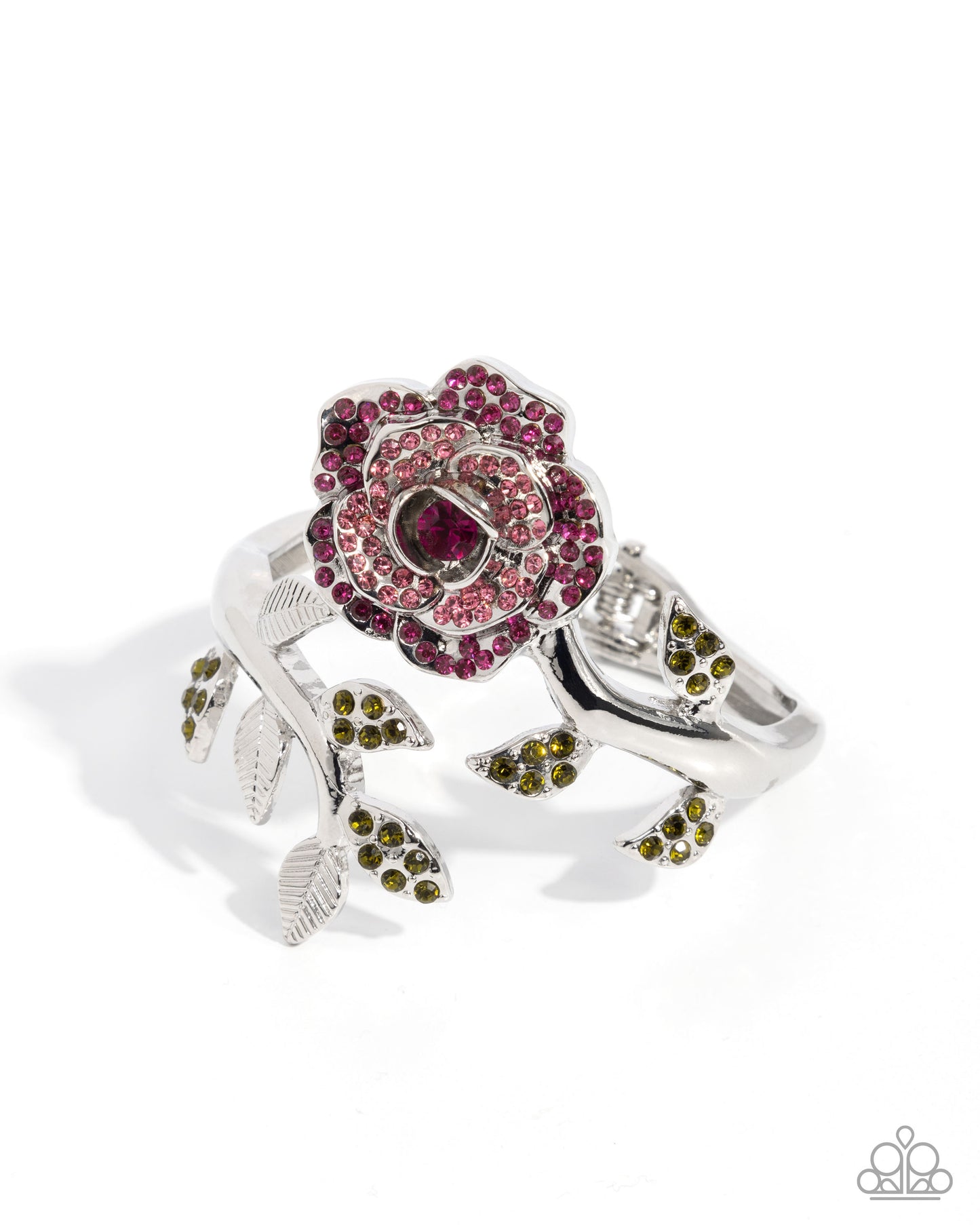 PERFECT MATCH / SET: Blossoming Belle - Pink Rhinestone Rose Silver Flower Short Necklace AND Bewitching Belle - Pink Rhinestone Rose Silver Hinge Bracelet - Life of the Party