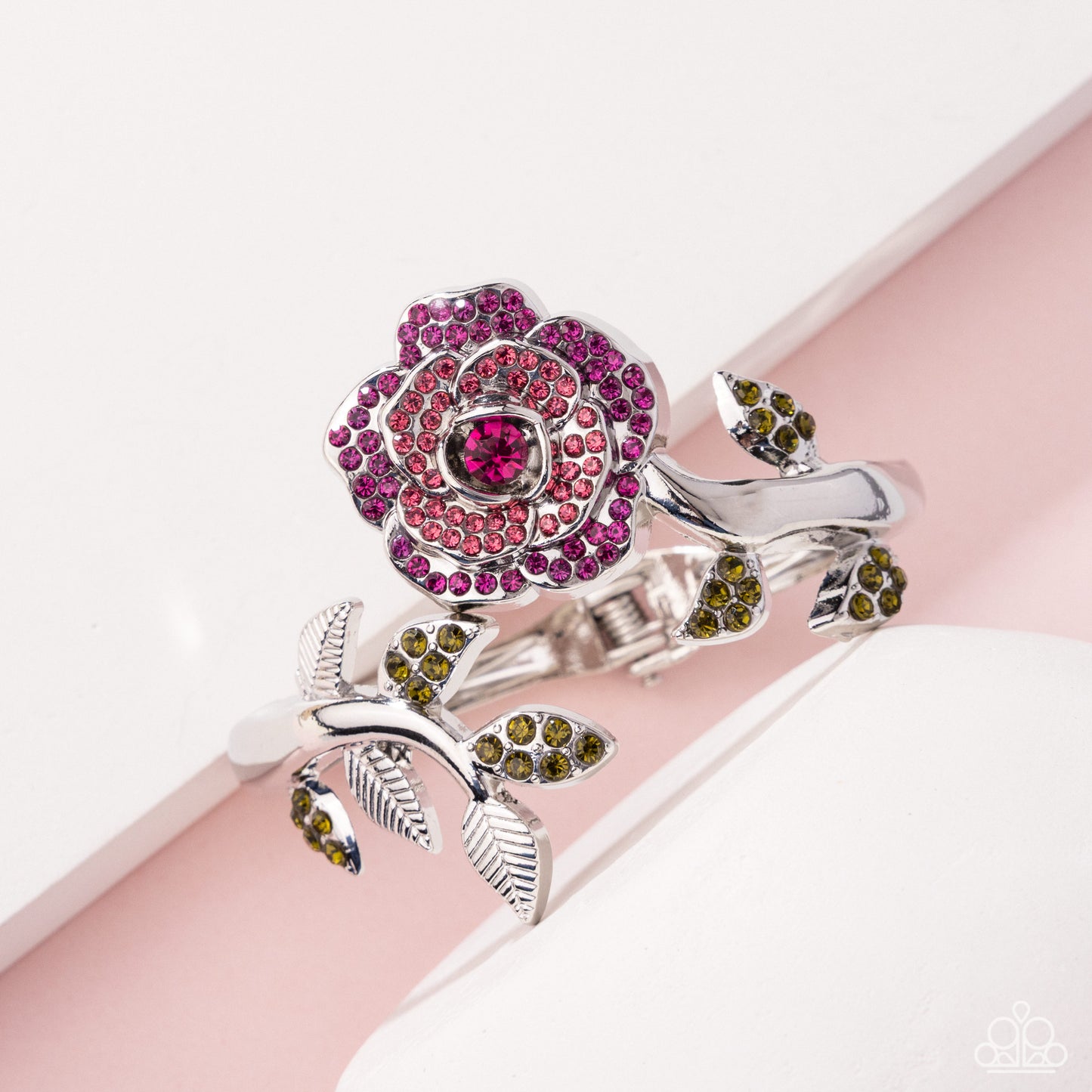 PERFECT MATCH / SET: Blossoming Belle - Pink Rhinestone Rose Silver Flower Short Necklace AND Bewitching Belle - Pink Rhinestone Rose Silver Hinge Bracelet - Life of the Party