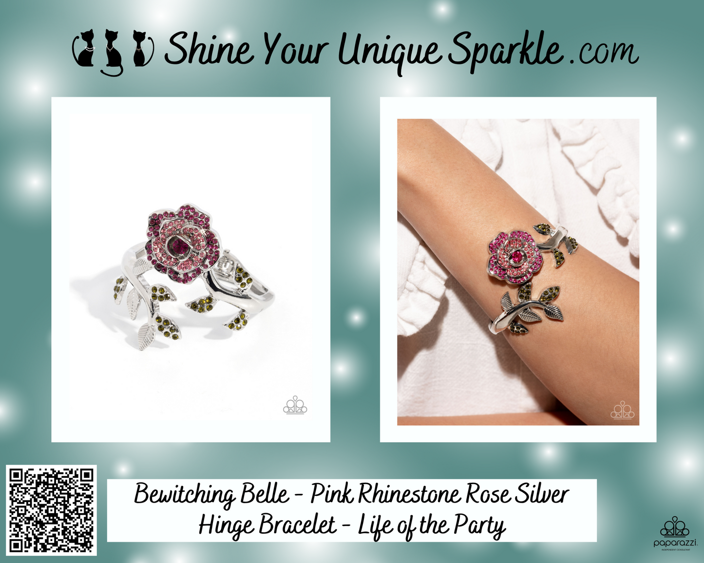 Bewitching Belle - Pink Rhinestone Rose Silver Hinge Bracelet - Life of the Party