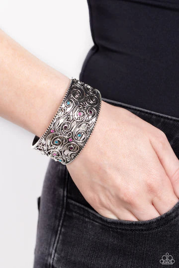 Billowy Beam - Multi Color Rhinestone Silver Flower Cuff Bracelet