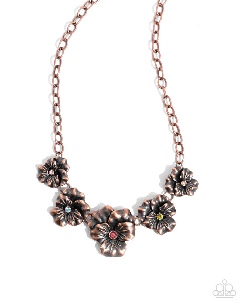 Blatant Botanicals - Copper Flower Multi Color Rhinestone Short Necklace