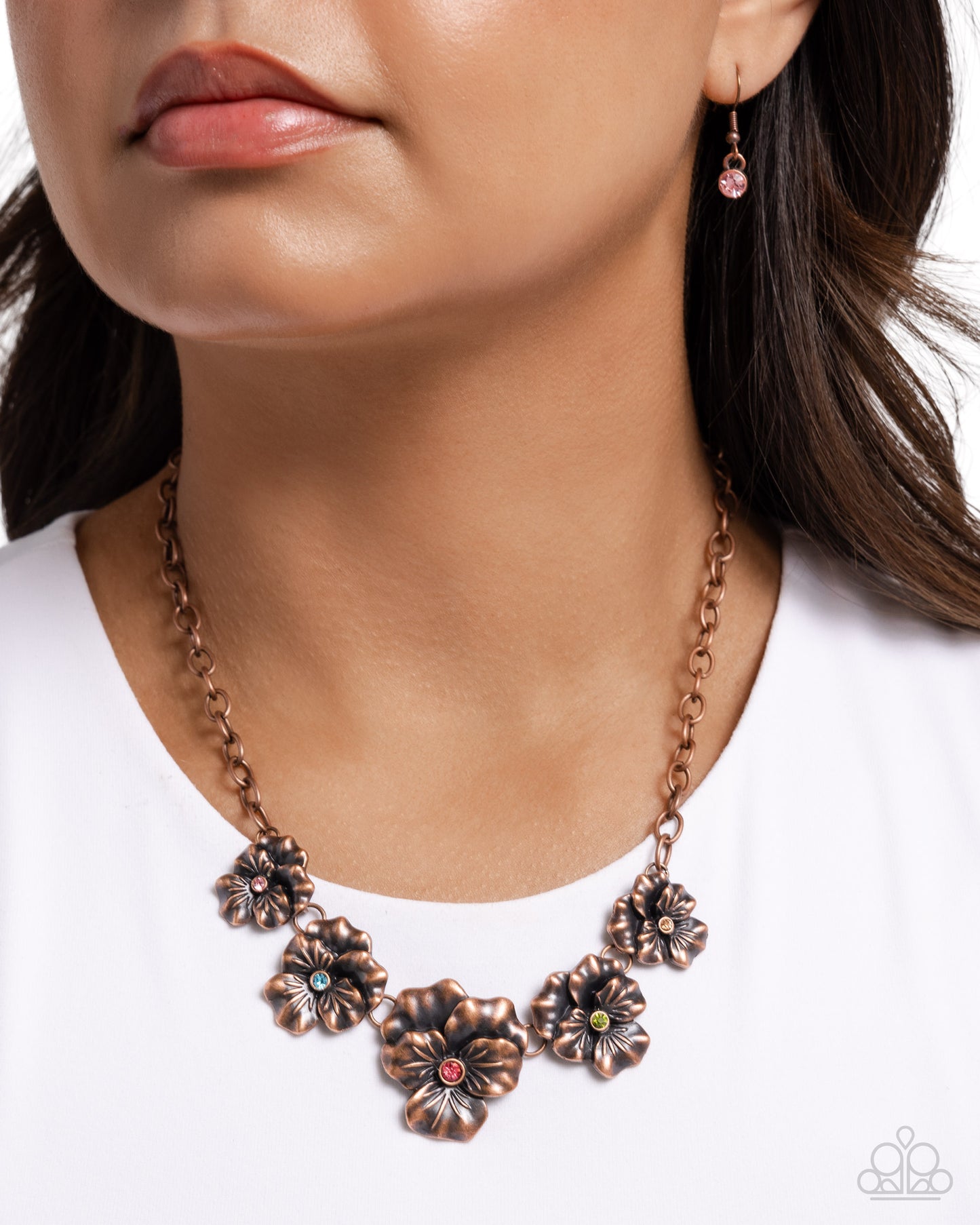 Blatant Botanicals - Copper Flower Multi Color Rhinestone Short Necklace