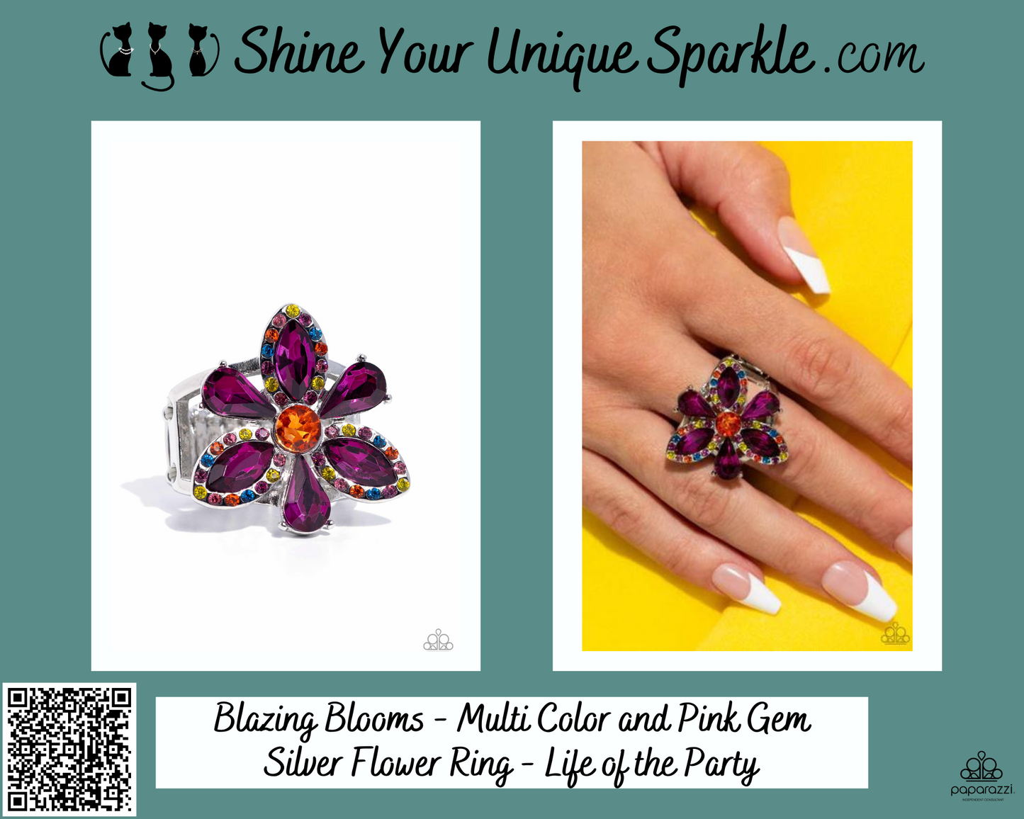 Blazing Blooms - Multi Color and Pink Gem Silver Flower Ring - Life of the Party