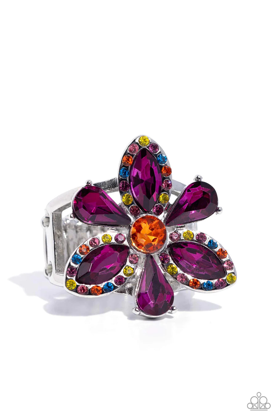 Blazing Blooms - Multi Color and Pink Gem Silver Flower Ring - Life of the Party
