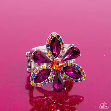 Blazing Blooms - Multi Color and Pink Gem Silver Flower Ring - Life of the Party