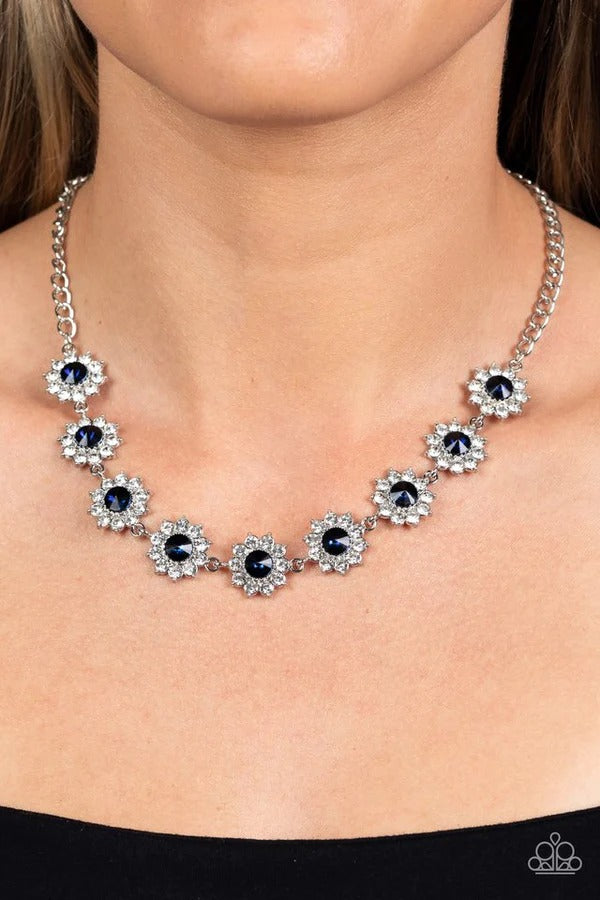 PERFECT MATCH / SET: Blooming Brilliance - Blue and White Rhinestone Silver Necklace AND Prismatic Palace - Blue and White Rhinestone Silver Stretchy Bracelet