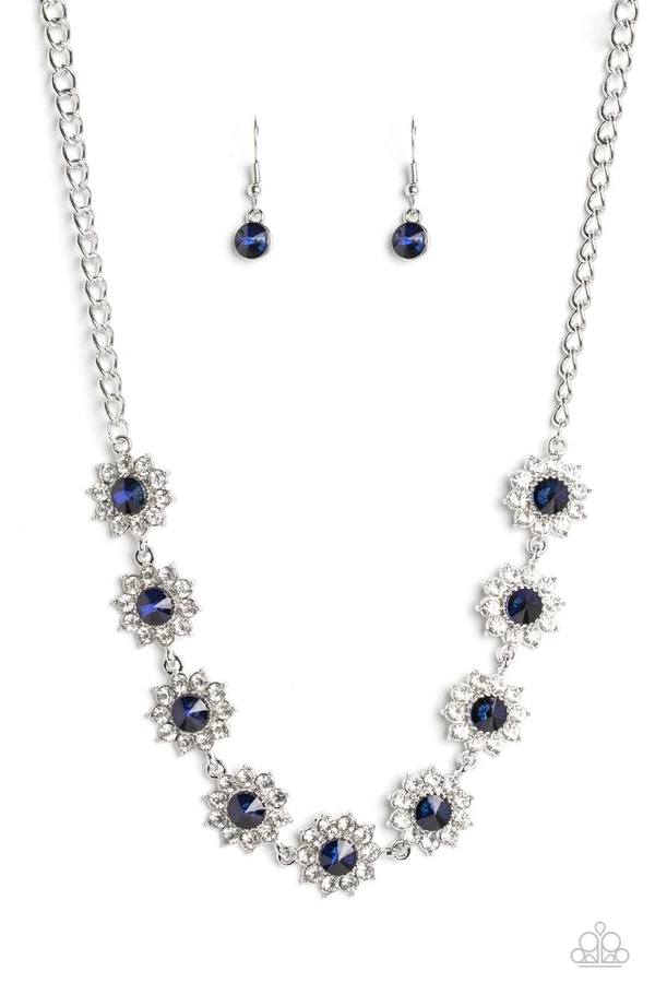 PERFECT MATCH / SET: Blooming Brilliance - Blue and White Rhinestone Silver Necklace AND Prismatic Palace - Blue and White Rhinestone Silver Stretchy Bracelet