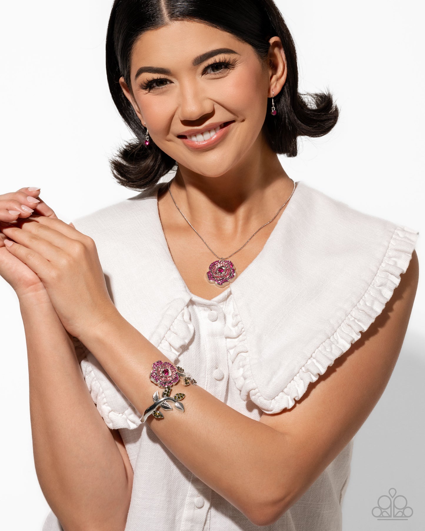 PERFECT MATCH / SET: Blossoming Belle - Pink Rhinestone Rose Silver Flower Short Necklace AND Bewitching Belle - Pink Rhinestone Rose Silver Hinge Bracelet - Life of the Party