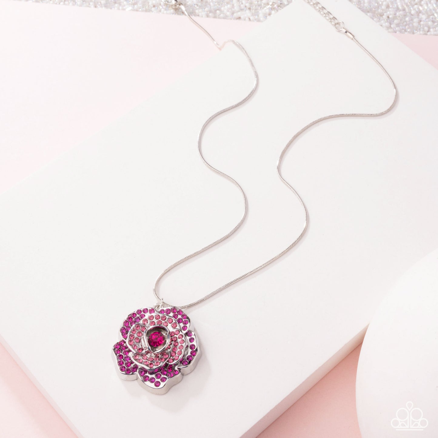PERFECT MATCH / SET: Blossoming Belle - Pink Rhinestone Rose Silver Flower Short Necklace AND Bewitching Belle - Pink Rhinestone Rose Silver Hinge Bracelet - Life of the Party