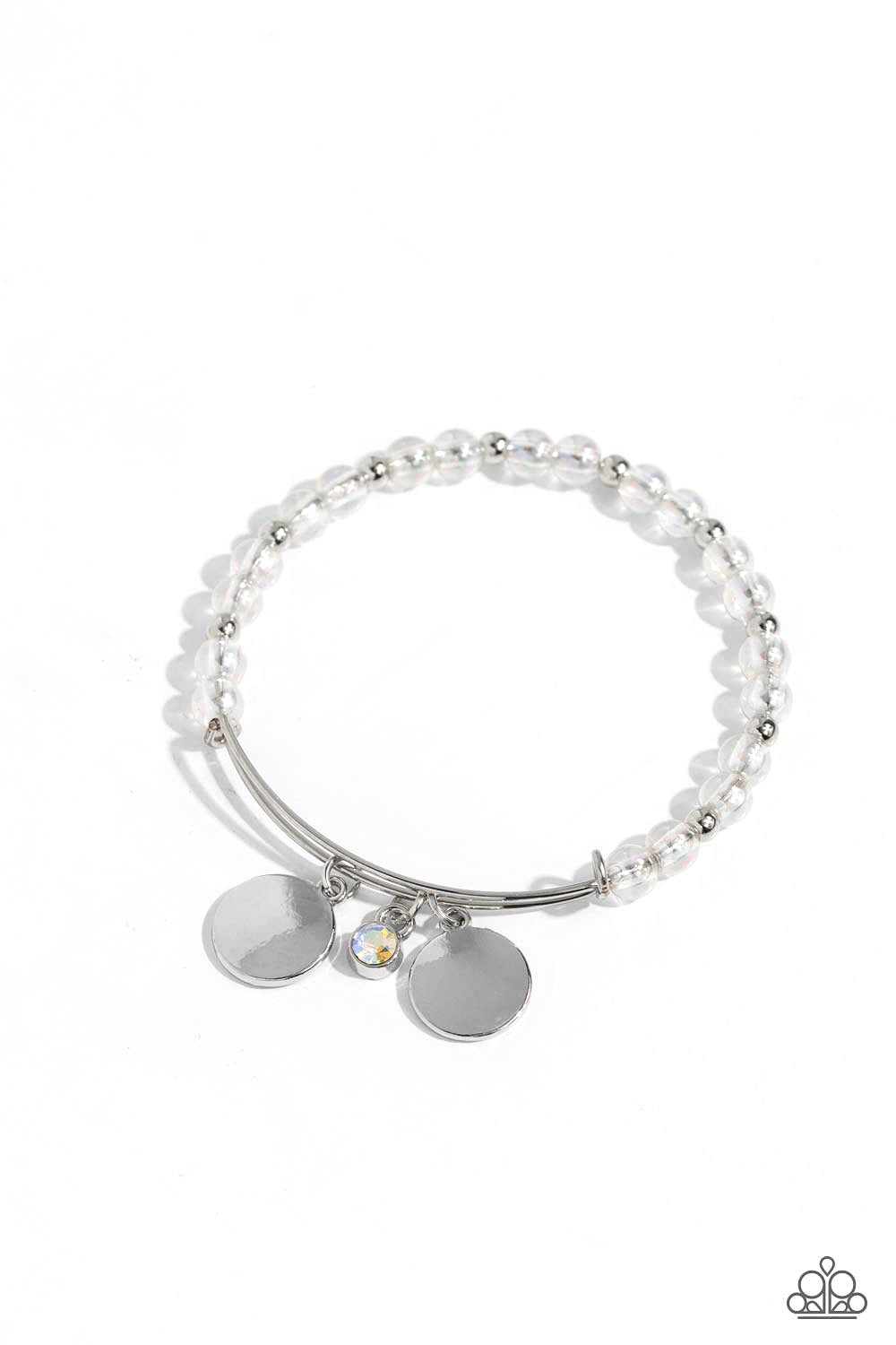 Bodacious Beacon - White Bead Silver Accent Iridescent Gem Bangle Bracelet