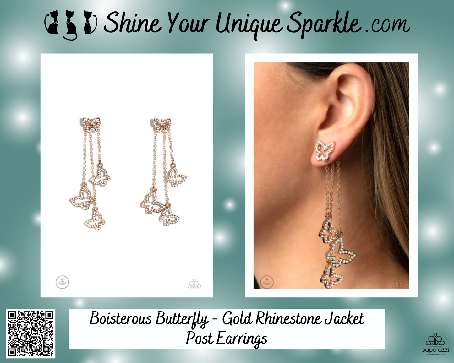 Boisterous Butterfly - Gold Rhinestone Jacket Post Earrings