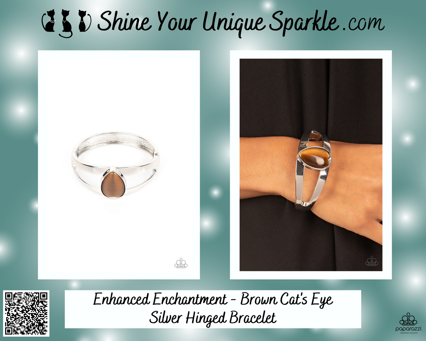 Enhanced Enchantment - Brown Cat's Eye Silver Hinged Bracelet
