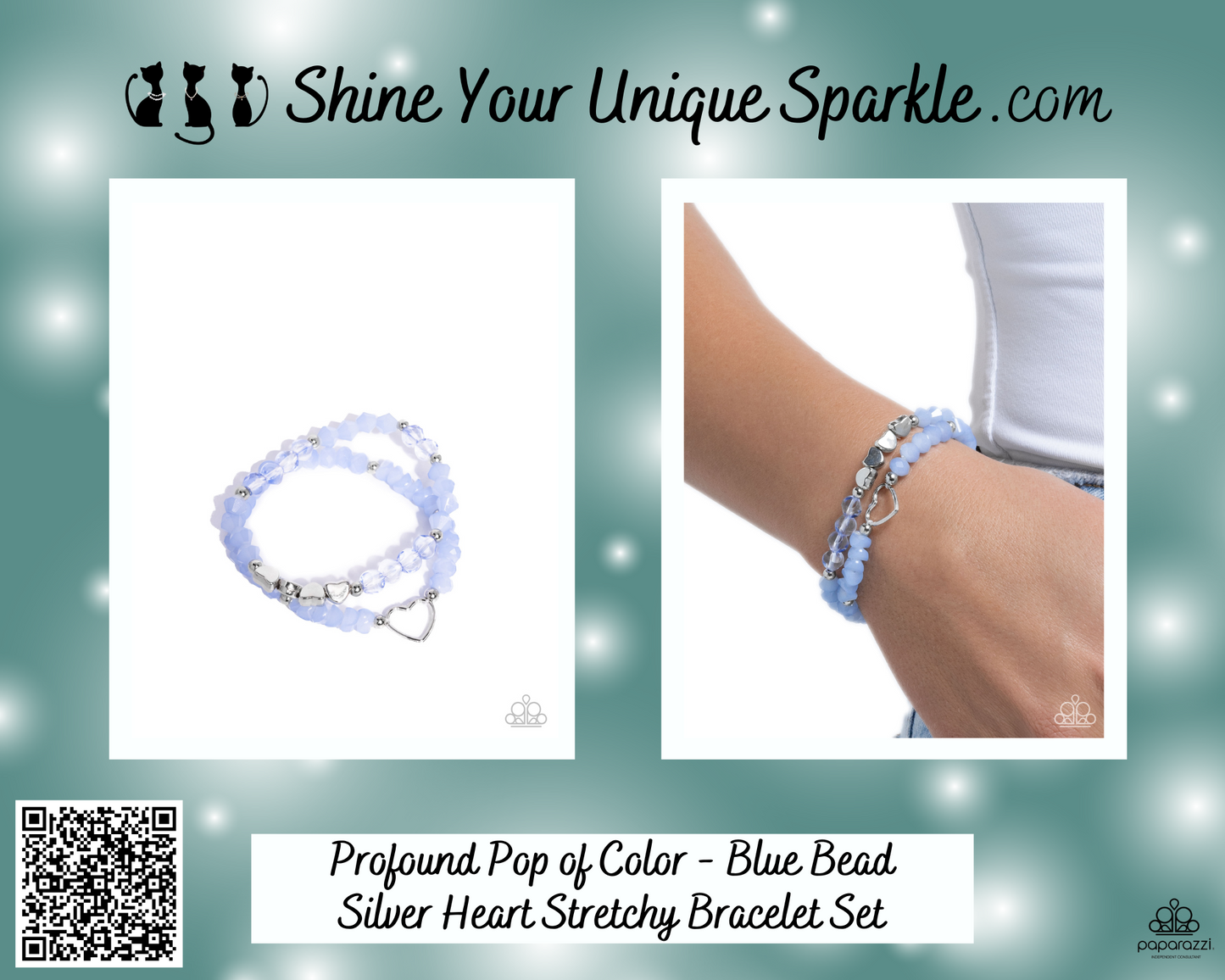 Profound Pop of Color - Blue Bead Silver Heart Stretchy Bracelet Set