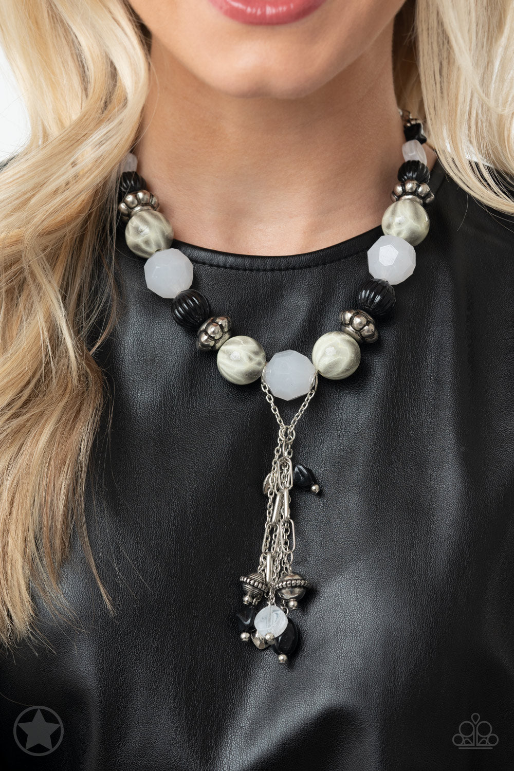 PERFECT MATCH / SET: Break A Leg! - Black and White Silver Bead Blockbuster Y Necklace and Lights! Camera! Action! - Black and White Silver Bead Blockbuster Stretchy Bracelet
