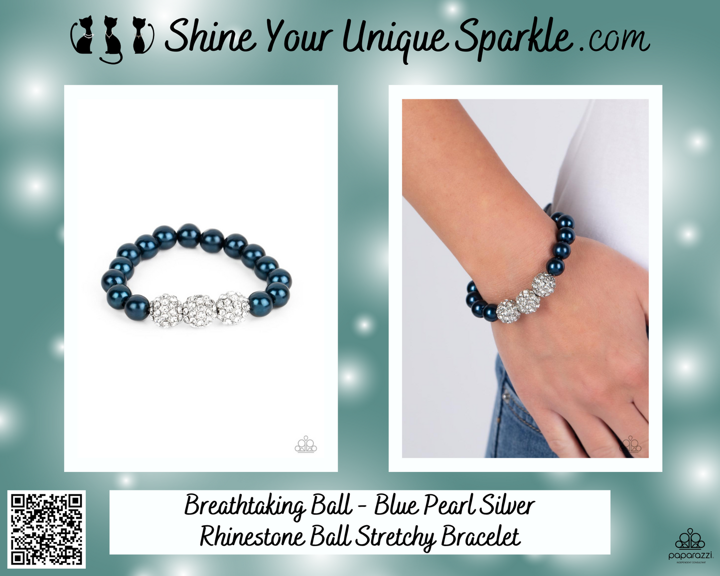 Breathtaking Ball - Blue Pearl Silver Rhinestone Ball Stretchy Bracelet