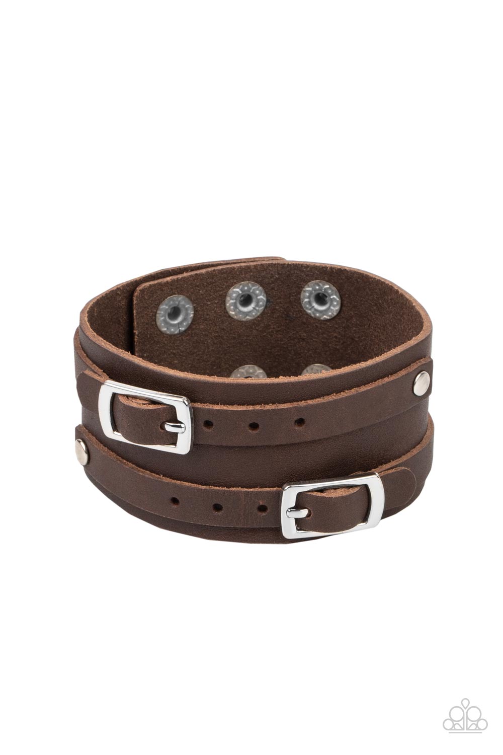 Bronco Bustin Buckles - Brown Leather Silver Buckle Wrap Bracelet