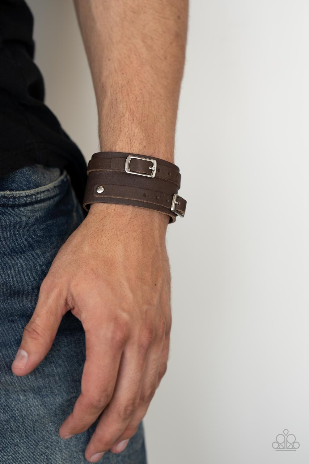 Bronco Bustin Buckles - Brown Leather Silver Buckle Wrap Bracelet