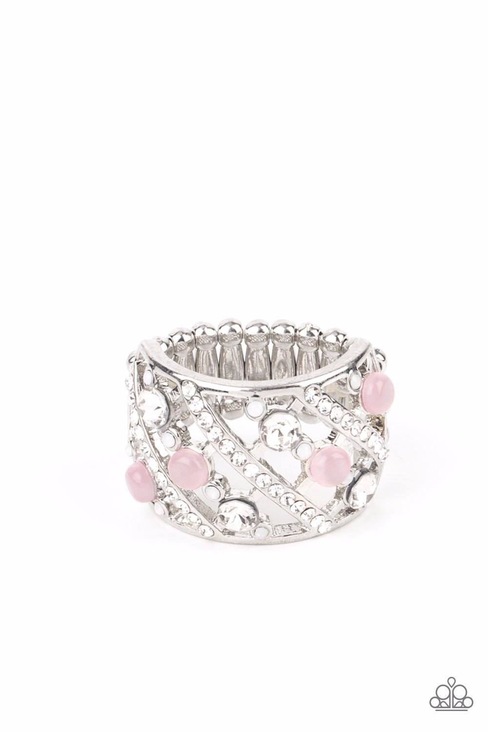 Bubbles for Brunch - Pink Cat's Eye White Rhinestone Silver Ring