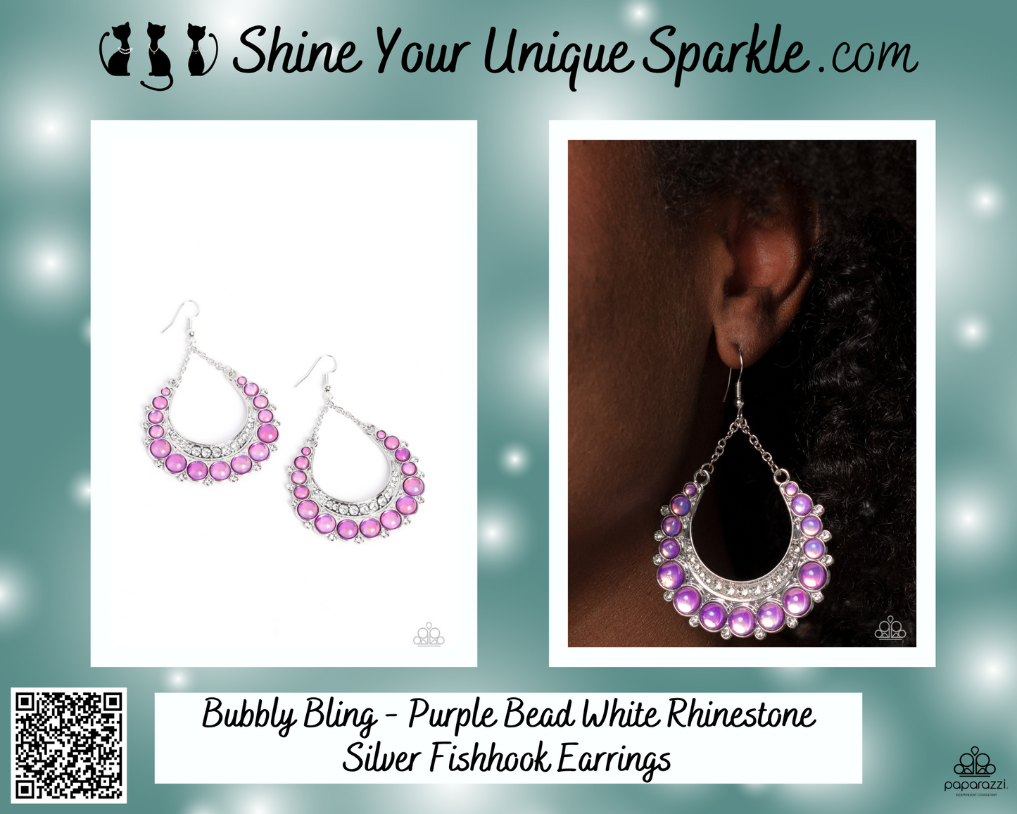 Bubbly Bling - Purple Bead White Rhinestone Silver Fishhook Earrings