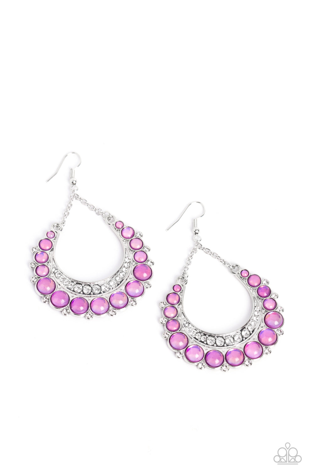 Bubbly Bling - Purple Bead White Rhinestone Silver Fishhook Earrings
