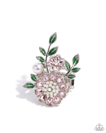 Budding Bling - Pink Rhinestone White Pearl Green Leaf Silver Flower Ring - Life of the Party