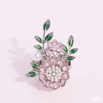 Budding Bling - Pink Rhinestone White Pearl Green Leaf Silver Flower Ring - Life of the Party