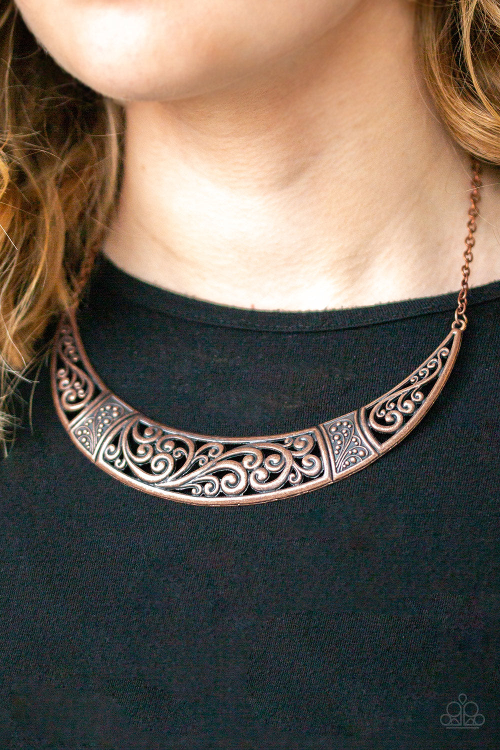 PERFECT MATCH / SET: Bull In A China Shop - Copper Crescent Short Necklace AND All in the PASTURE - Copper Floral Crescent Fishhook Earrings