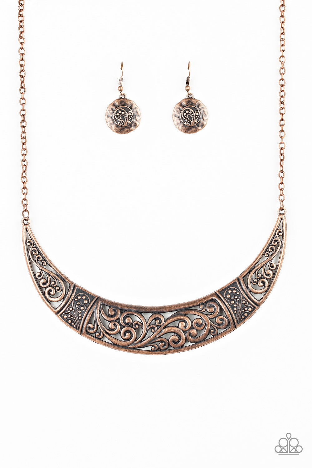 PERFECT MATCH / SET: Bull In A China Shop - Copper Crescent Short Necklace AND All in the PASTURE - Copper Floral Crescent Fishhook Earrings