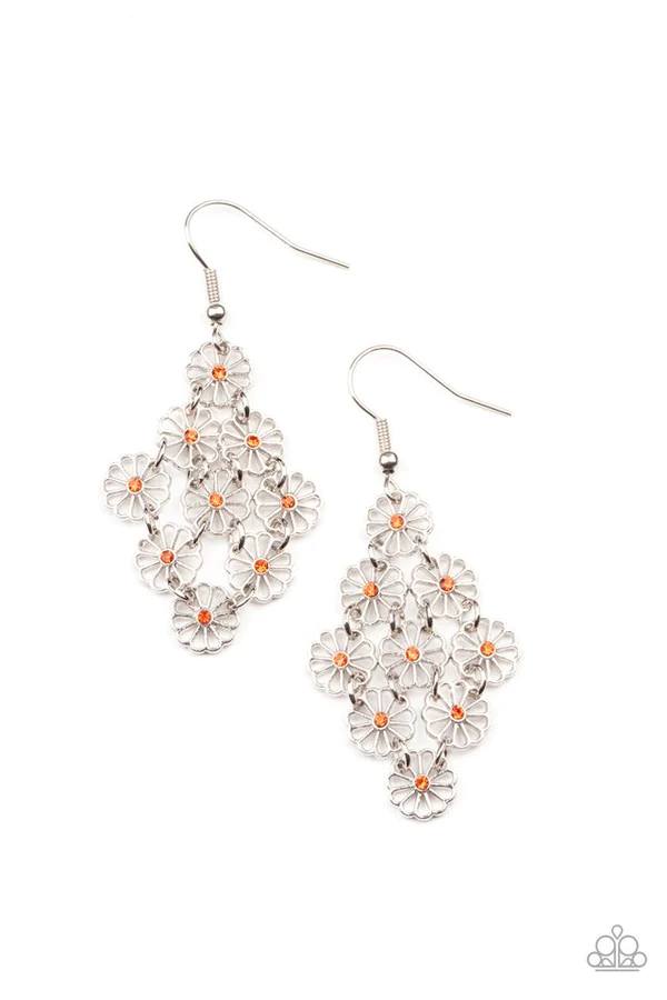 Bustling Blooms - Orange Rhinestone Silver Circle Fishhook Earrings