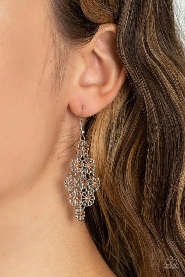Bustling Blooms - Orange Rhinestone Silver Circle Fishhook Earrings