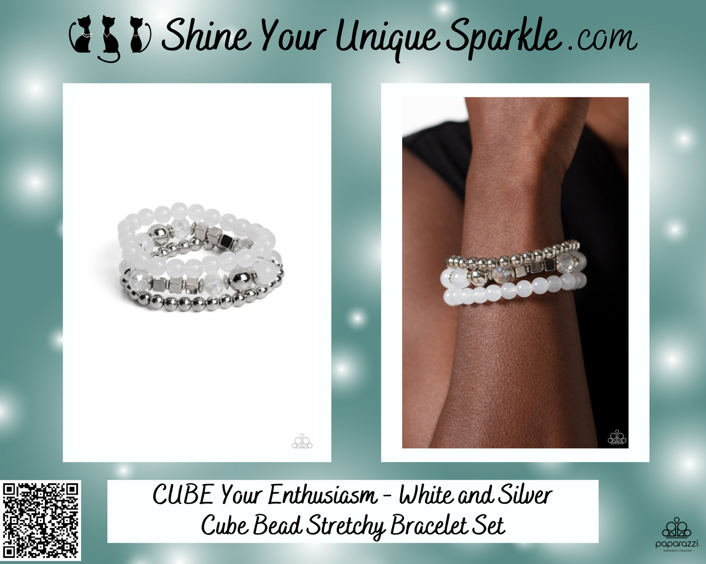 CUBE Your Enthusiasm - White and Silver Cube Bead Stretchy Bracelet Set