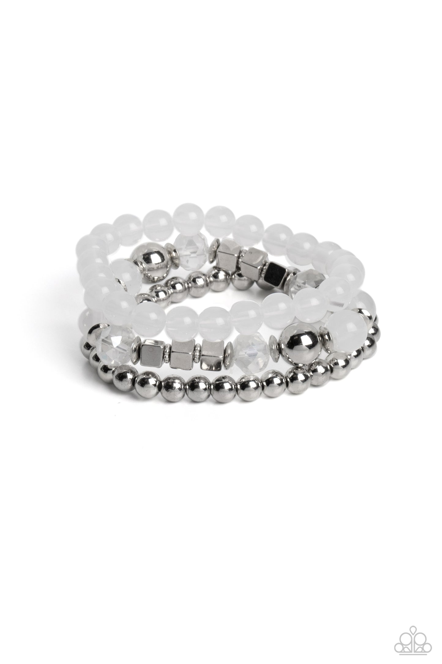 CUBE Your Enthusiasm - White and Silver Cube Bead Stretchy Bracelet Set