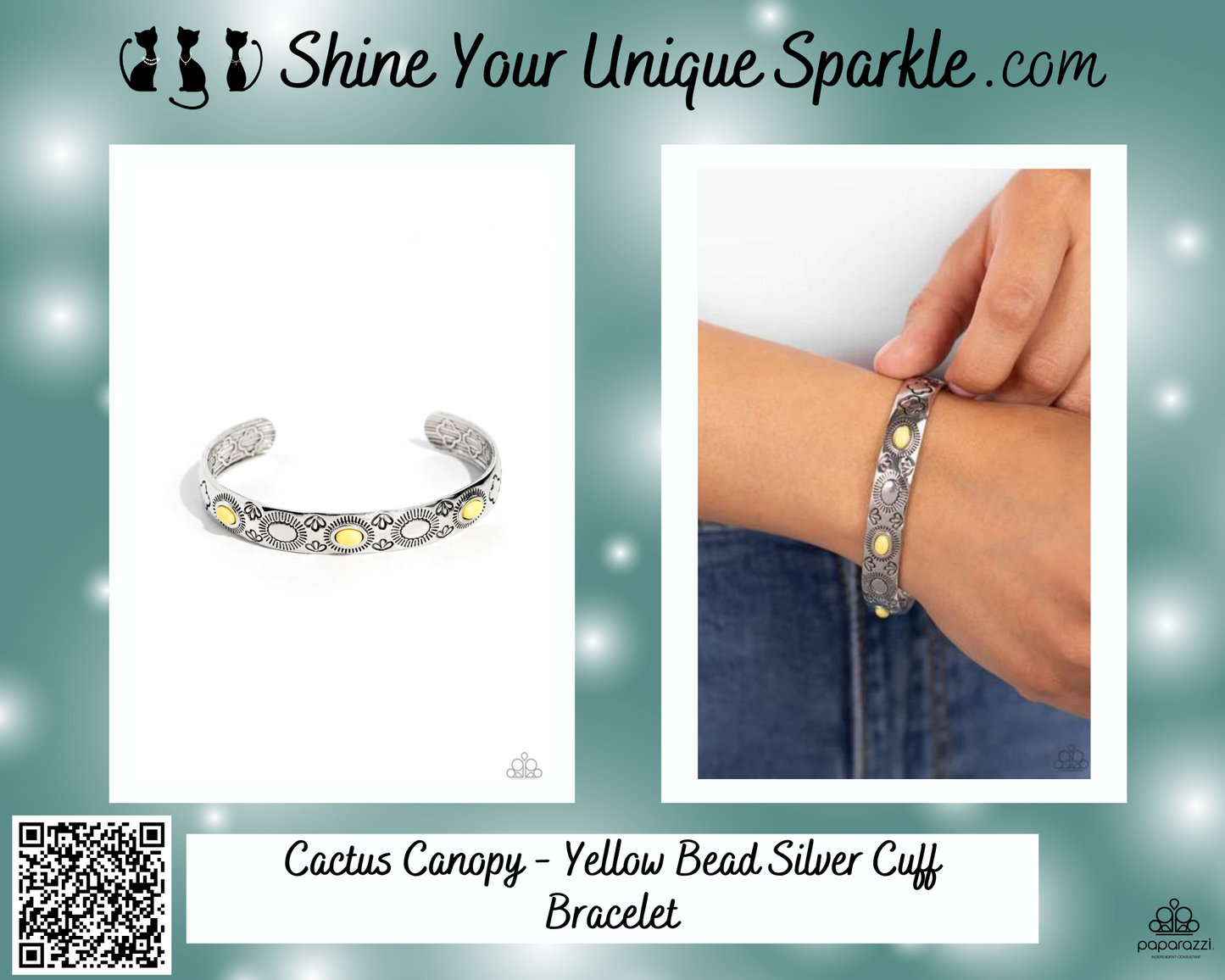 Cactus Canopy - Yellow Bead Silver Cuff Bracelet