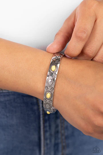 Cactus Canopy - Yellow Bead Silver Cuff Bracelet