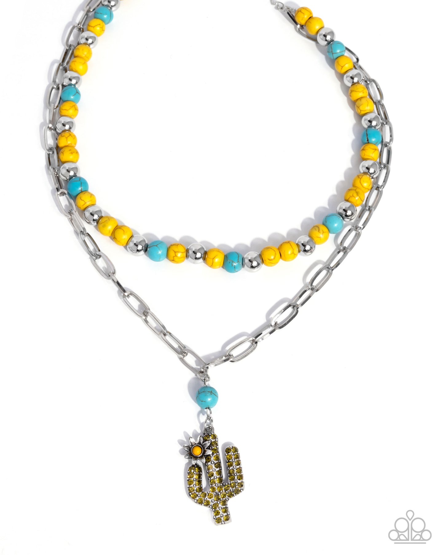 PERFECT MATCH / SET: Cactus Cascade - Yellow Turquoise Crackle Stones Silver Beads Necklace, and Paperclip Chain, Olive Rhinestone Cactus Pendant Necklace AND Cactus Cause - Yellow Stone Silver Flower with Olive Rhinestone Cactus Post Earrings