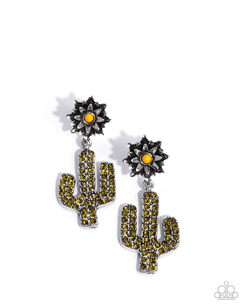 PERFECT MATCH / SET: Cactus Cascade - Yellow Turquoise Crackle Stones Silver Beads Necklace, and Paperclip Chain, Olive Rhinestone Cactus Pendant Necklace AND Cactus Cause - Yellow Stone Silver Flower with Olive Rhinestone Cactus Post Earrings