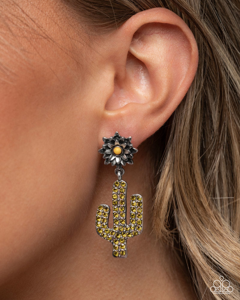 Cactus Cause - Yellow Stone Silver Flower with Olive Rhinestone Cactus Post Earrings