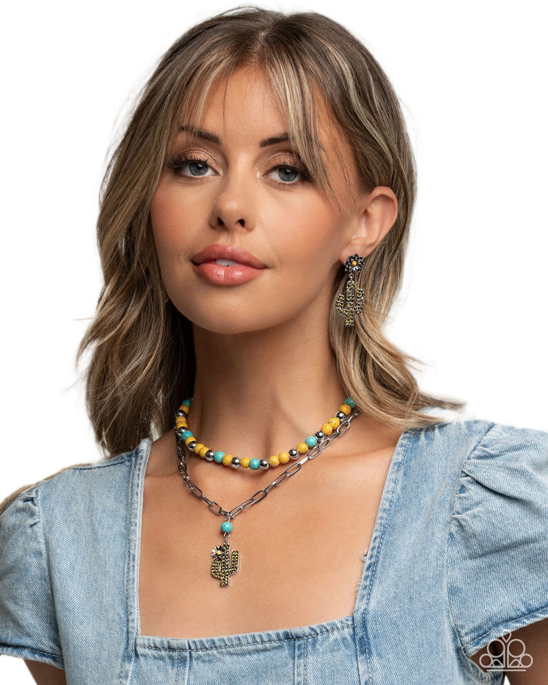 Cactus Cause - Yellow Stone Silver Flower with Olive Rhinestone Cactus Post Earrings