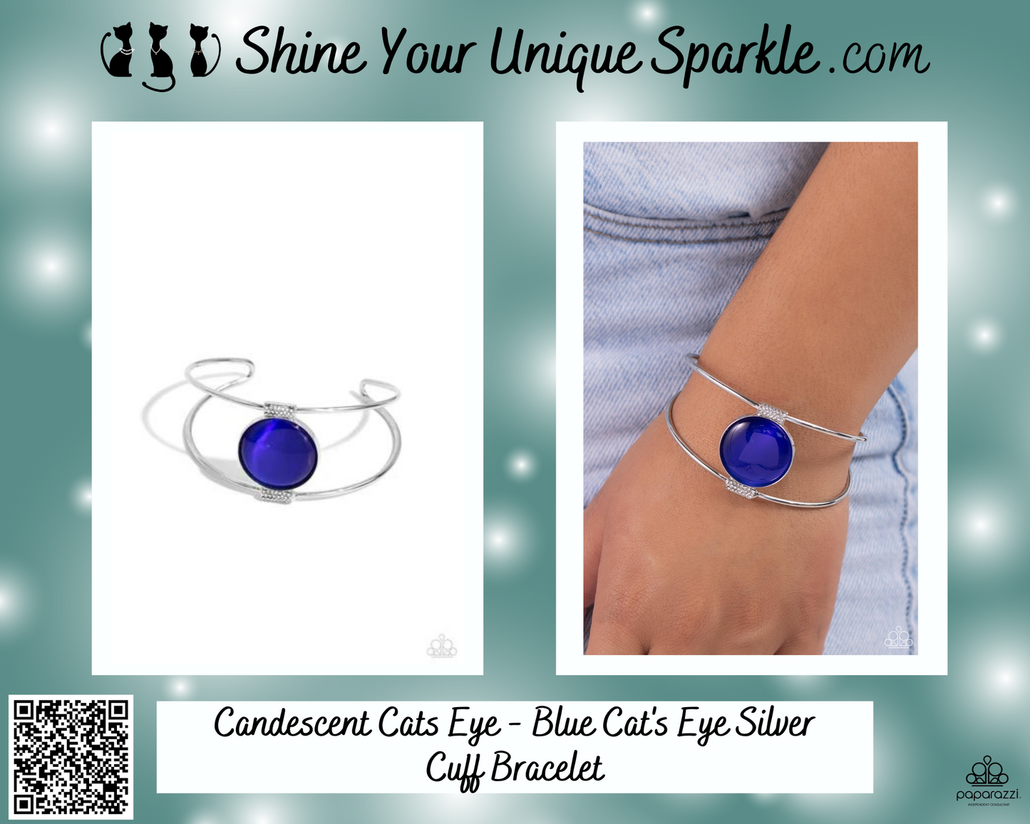 Candescent Cats Eye - Blue Cat's Eye Silver Cuff Bracelet