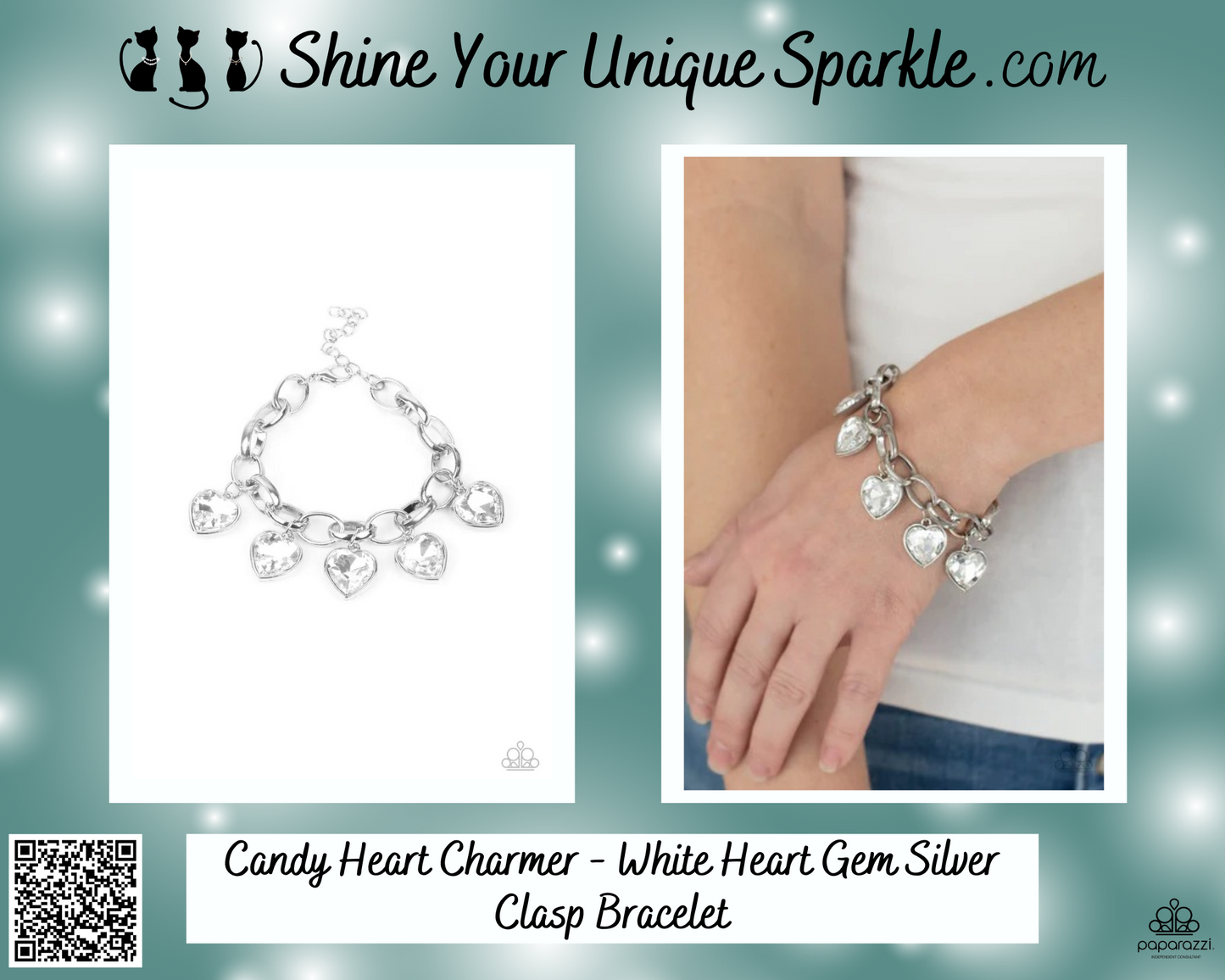 Candy Heart Charmer - White Heart Gem Silver Clasp Bracelet