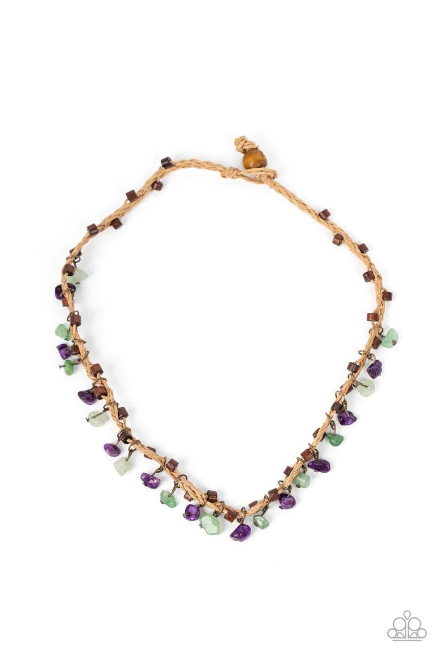 Canyon Voyage - Multi Green Purple Stone Cord Short Necklace