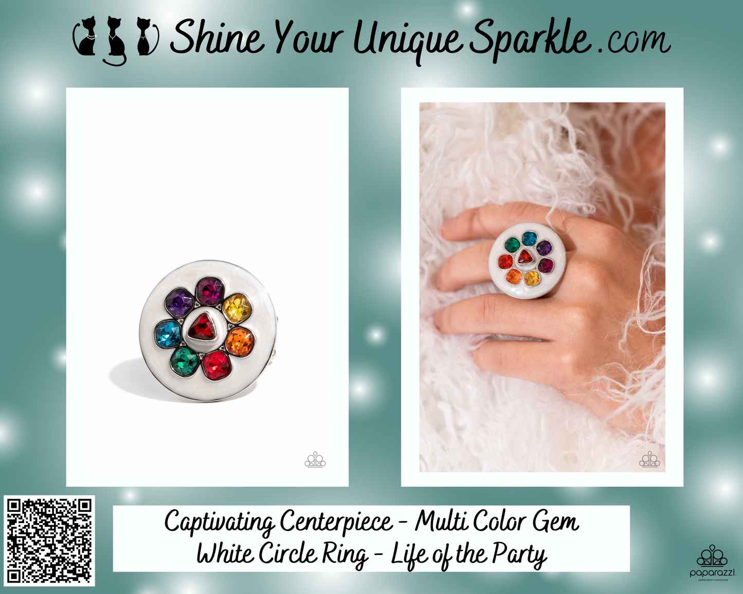 Captivating Centerpiece - Multi Color Gem White Circle Ring - Life of the Party