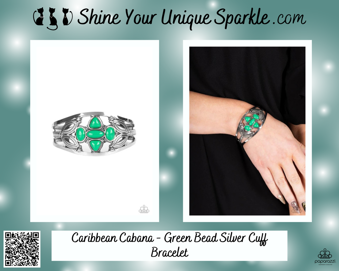 Caribbean Cabana - Green Bead Silver Cuff Bracelet