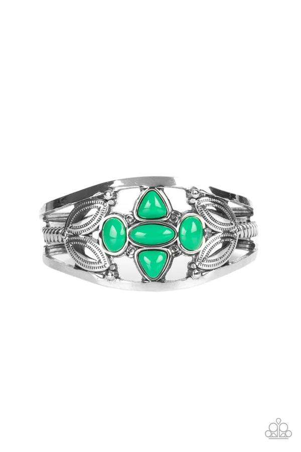 Caribbean Cabana - Green Bead Silver Cuff Bracelet